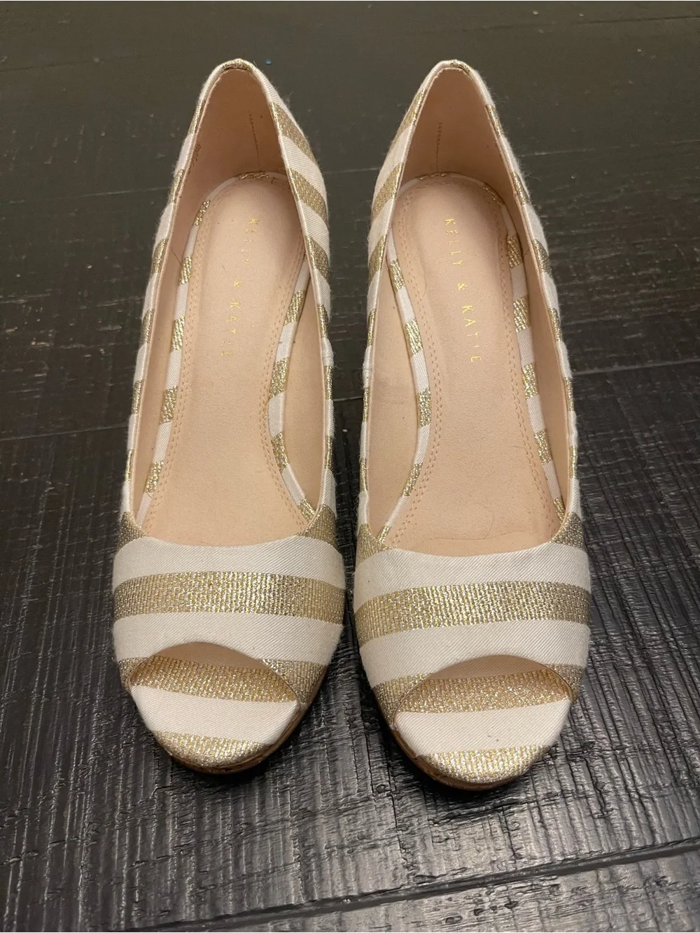 Wedge Peep-Toe Pumps in Cream and Gold Stripe